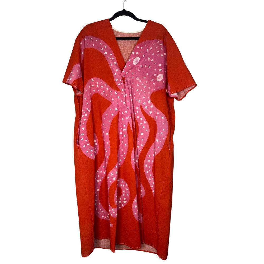 Octopus Art Dress Kaftan Red Pink House Dress Mumu Womens 2X Modern Graphic Art